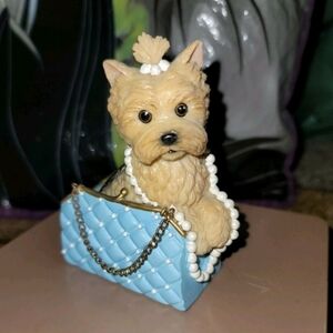 Simply Chien-el Diva Dog Figurine with Blue Quilted Purse Yorkshire Terrier
